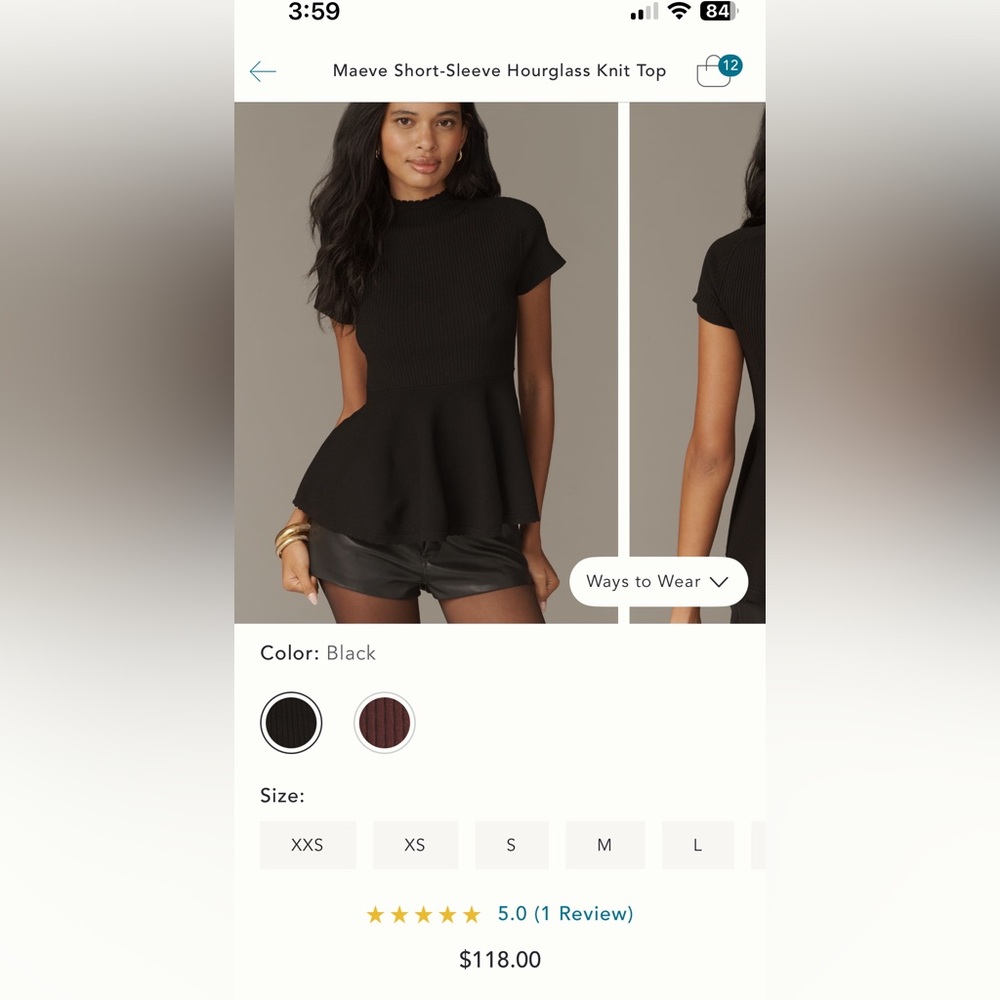 Maeve Black Ribbed Peplum Top